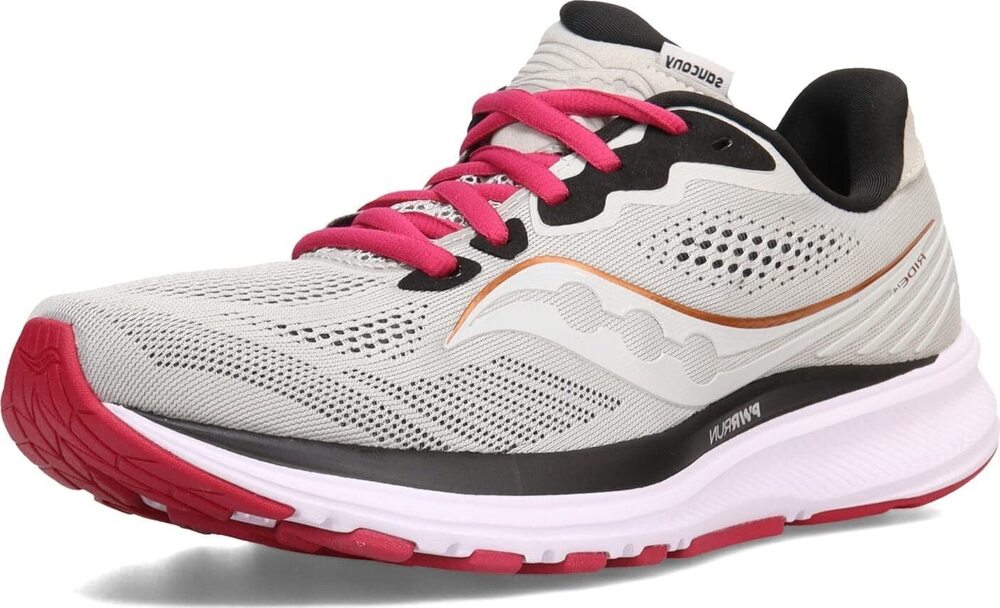 SAUCONY WOMEN'S RIDE 14 RUNNING SHOE, FOG/CHERRY, 10 WIDE